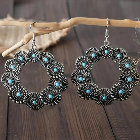 Antiqued Silver Turquoise Hoop Earrings - Picture 2 of 3